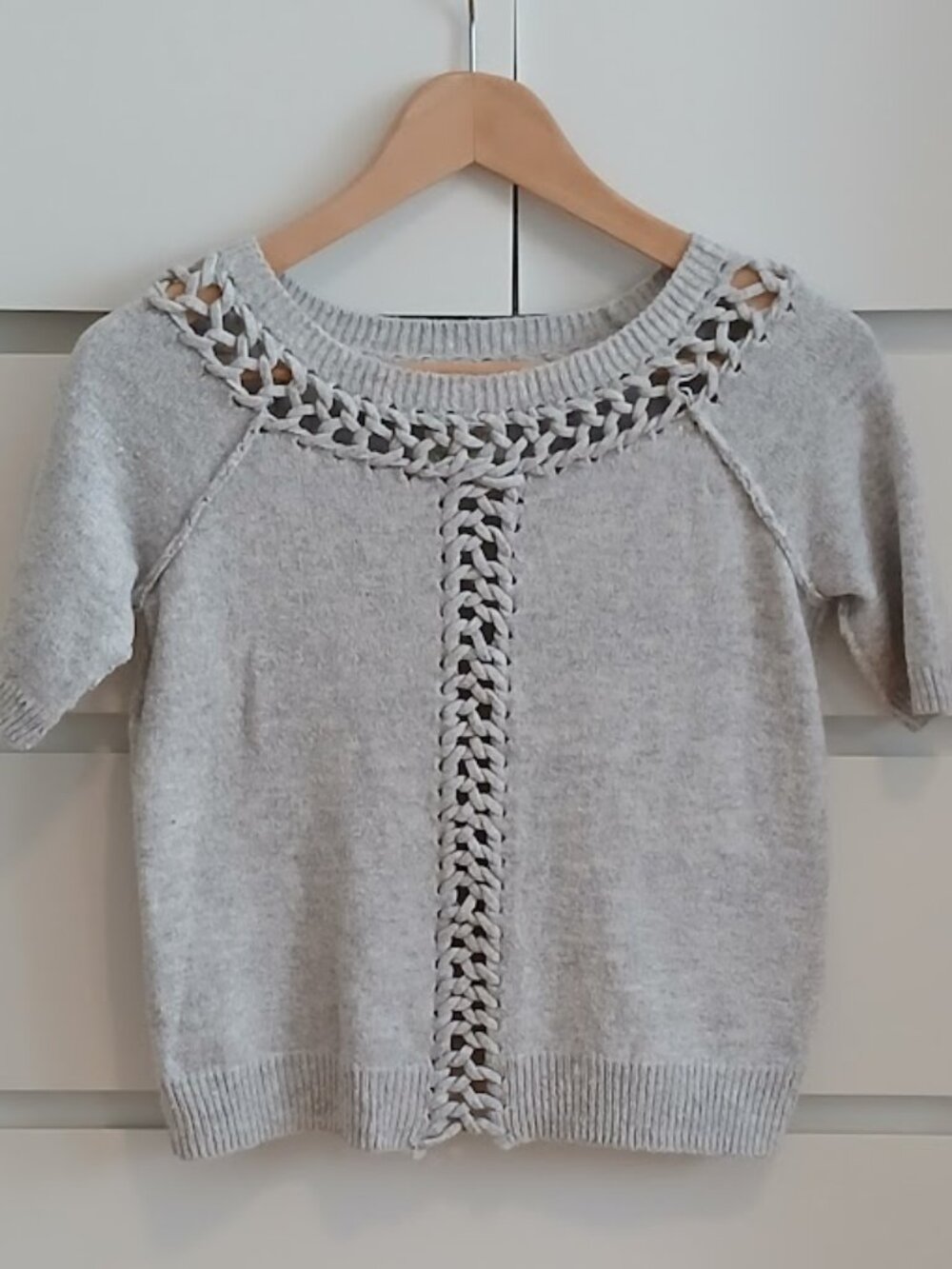 KAISLEY - Heather Grey Melange Sweater with Peek A Boo Braided Detail - XS